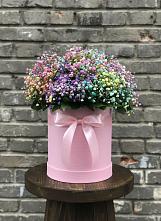 Цветочная композиция из Гипсофила и Розы в шляпной коробке в Поповке