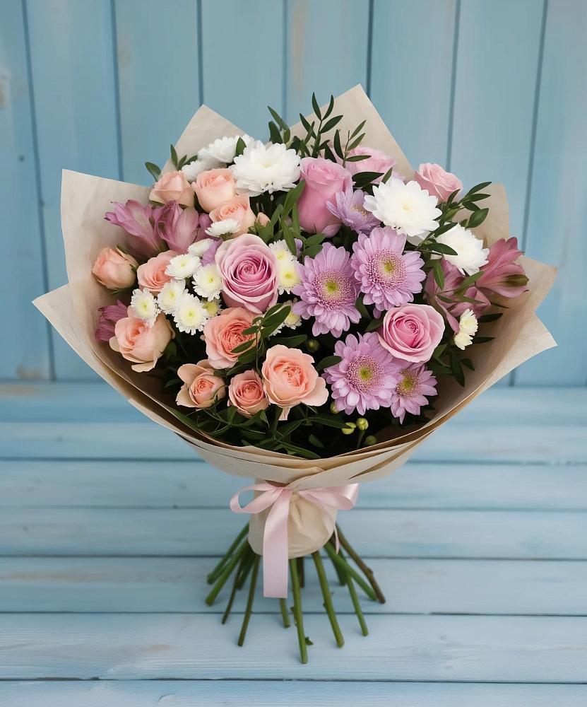 Букет цветов из: Хризантемы, Розы и Альстромерии в Поповке