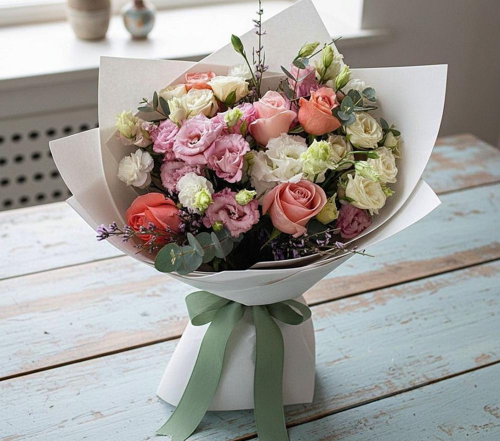 Букет цветов из: Розы, Лизиантусы и Гвоздики в Поповке