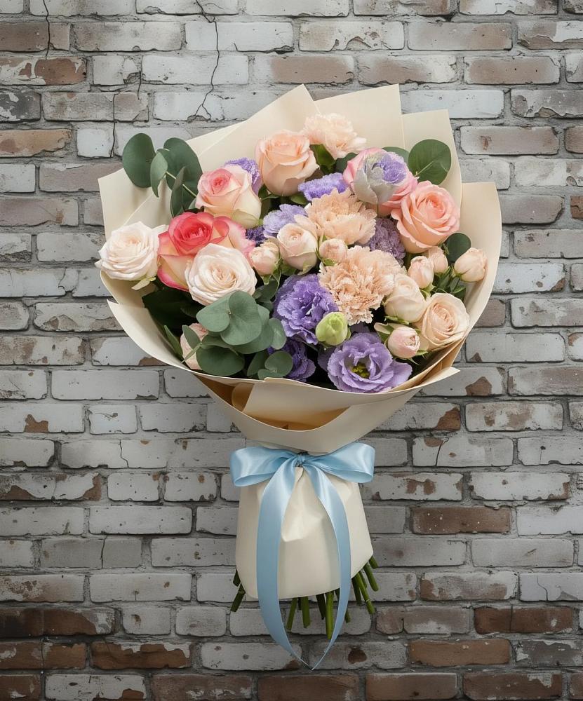 Букет цветов из: Розы, Лизиантусы и Гвоздики в Поповке