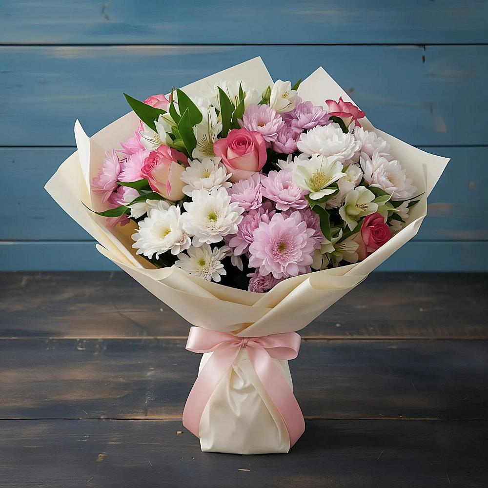 Букет цветов из: Хризантемы, Альстромерии и Розы в Поповке